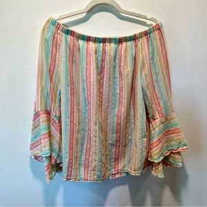 Solitaire Womens Size XL Striped Cotton Flared Sleeves Off Shoulder Crochet Top